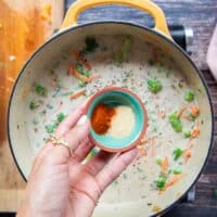 A hand holding some seasoning like garlic powder, paprika in a bowl and seasoning the soup