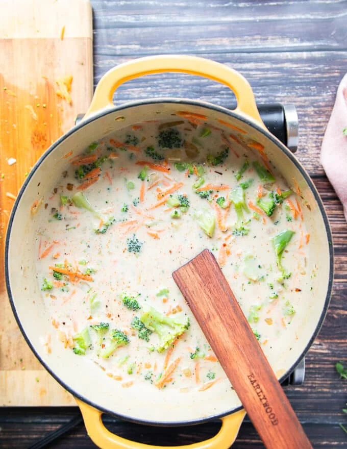 Chunky broccoli and cheddar soup in the pot ready to serve as is or ready to puree if you like