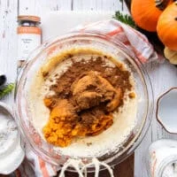 The pumpkin purée added to the bowl to make pumpkin bread along with pumpkin pie spice