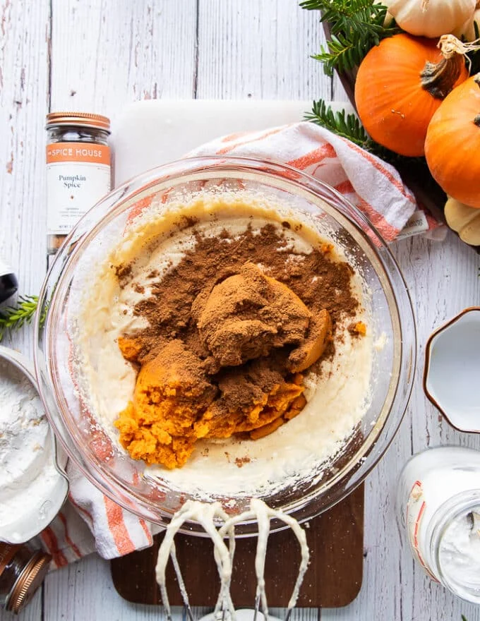 The pumpkin purée added to the bowl to make pumpkin bread along with pumpkin pie spice