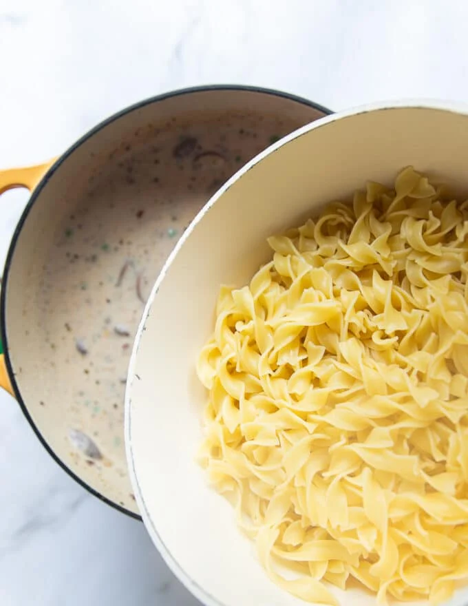 Cooked noodles in a pot