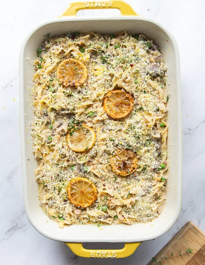 The topping added over the casserole and lemon slices too