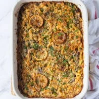 The tuna casserole out of the oven with golden tops and perfectly cooked