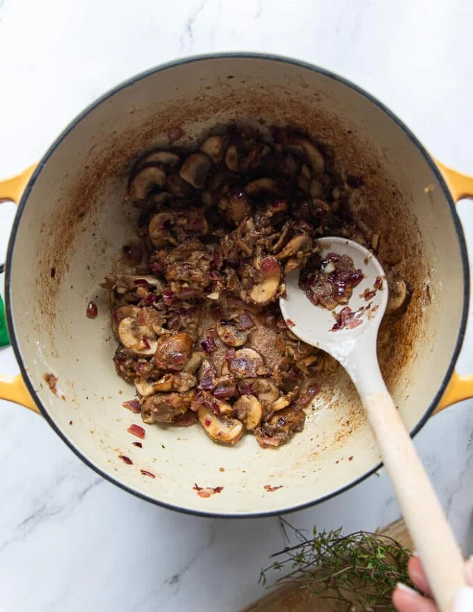 The flour sautéed until slightly golden with the onions and mushrooms
