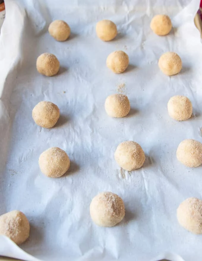 Sugar cookie balls on a baking sheet each rolled in vanilla sugar ready to bake in the oven