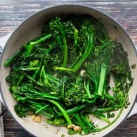 perfectly cooked and ready broccoli rabe in a skillet
