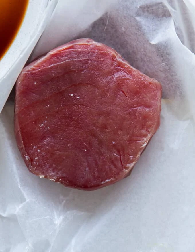 A close up of a fresh piece of ahi tuna