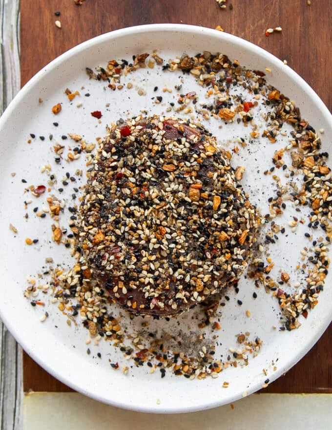 the ahi tuna coated evenly with the dried crust ingredients
