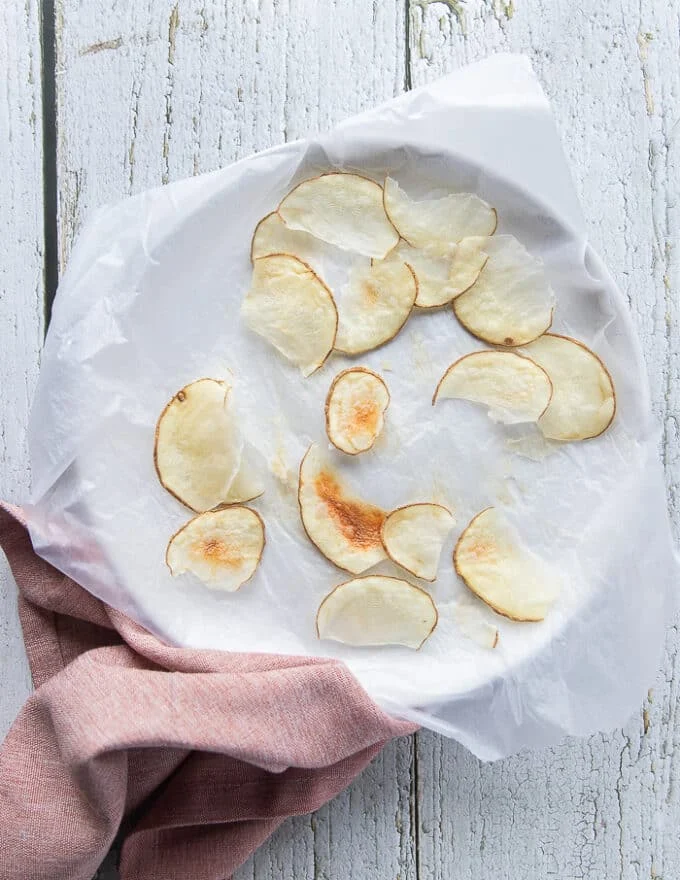 Microwave potato chips ready and golden