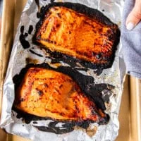 Salmon out of the oven after broiling for 10 minutes. It's charred and cooked perfectly