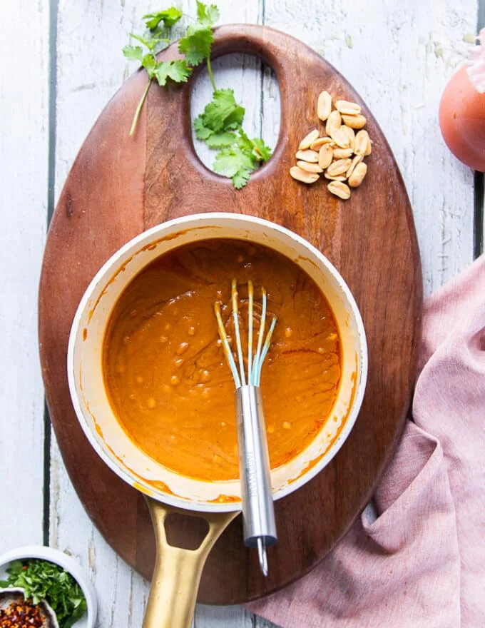 The satay sauce recipe ready in the pot after whisking for just a few minutes