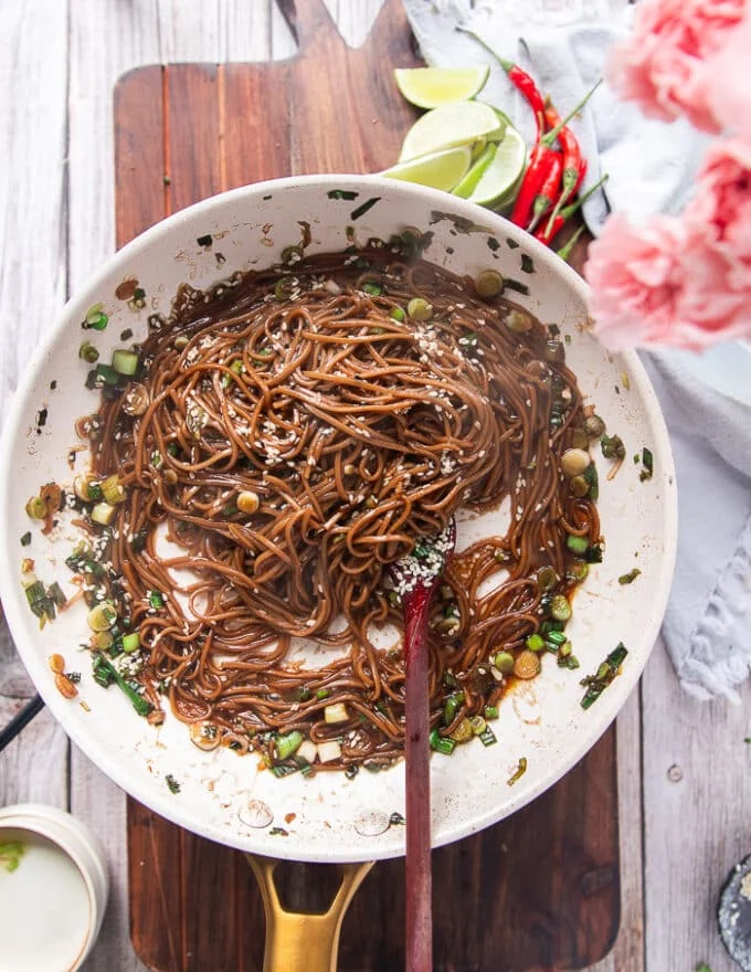 cooked soba noodles added to the skillet and tossed well in the simmering sauce to coat