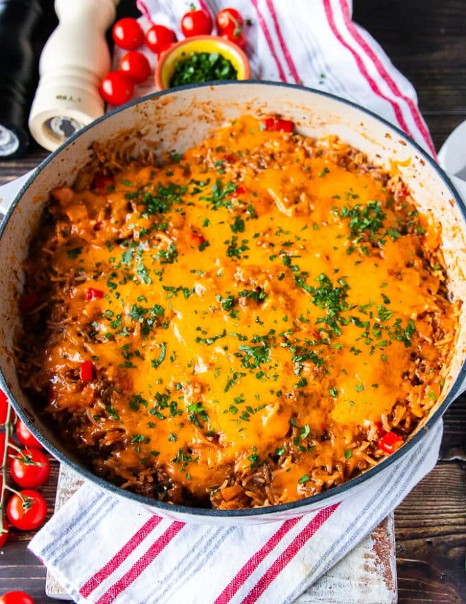 Stuffed pepper casserole right out of the oven with the melted cheese on top and ready to enjoy!
