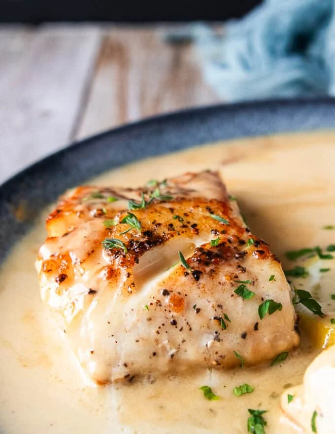 Close up of one black cod in the beurre blanc or creamy lemon sauce for fish
