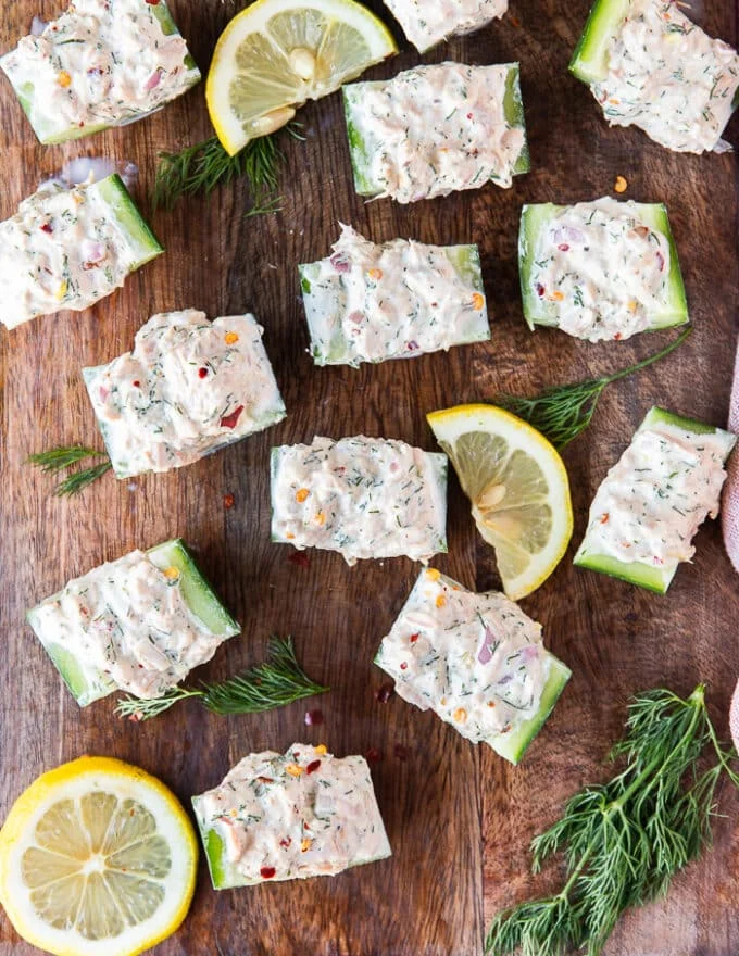 top view close up of a chunk of the tuna cucumber salad