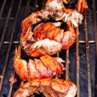 Lobster tails cooked perfectly on the grill, curled up and pink