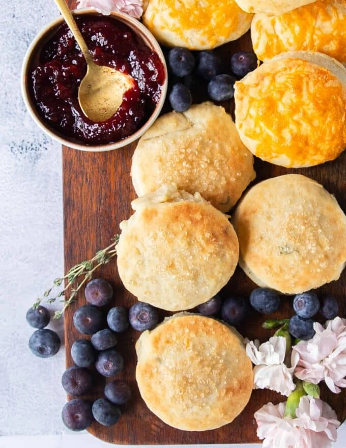 Mayonnaise biscuits out of the oven on a wooden board