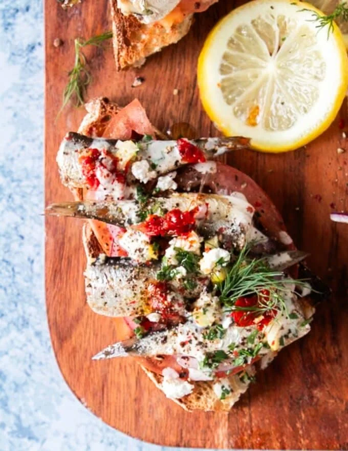 top view of one sardines on toast showing how vibrant and plenty of textures it has