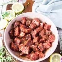 Fully seasoned steak bites ready for the air fryer