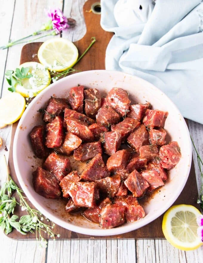 Fully seasoned steak bites ready for the air fryer