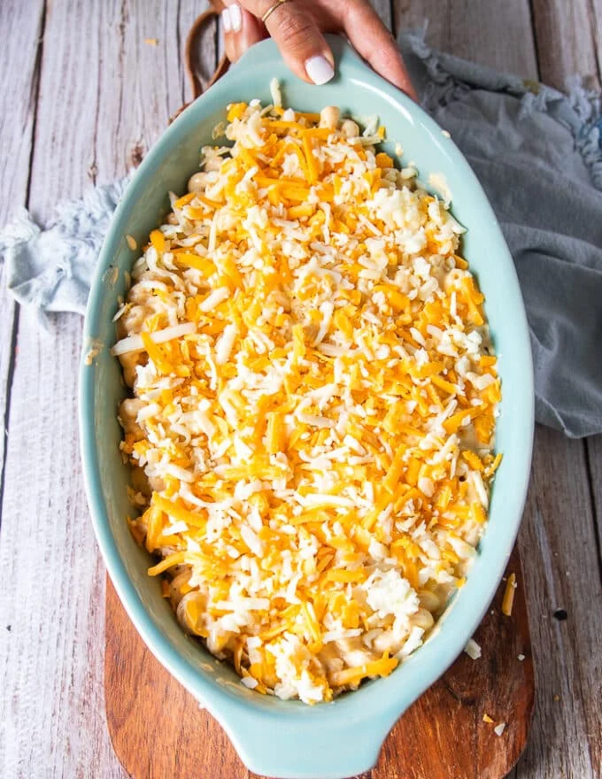 Top layer of cheese finishes the baked mac and cheese ready now to bake