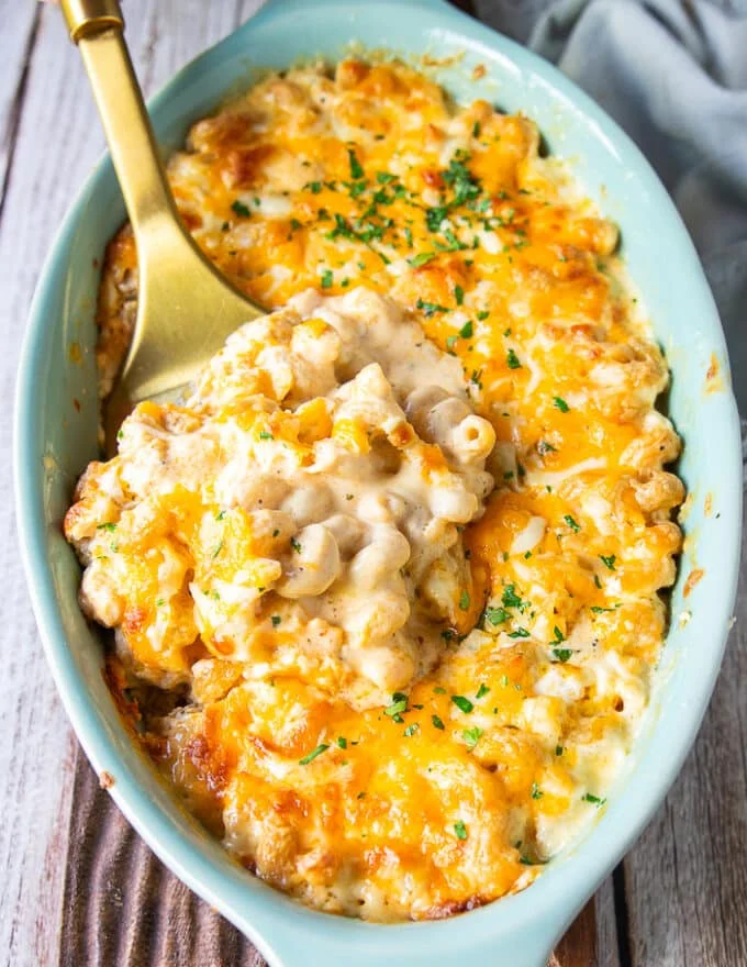 close up of the mac and cheese served out showing the luscious and creamy texture