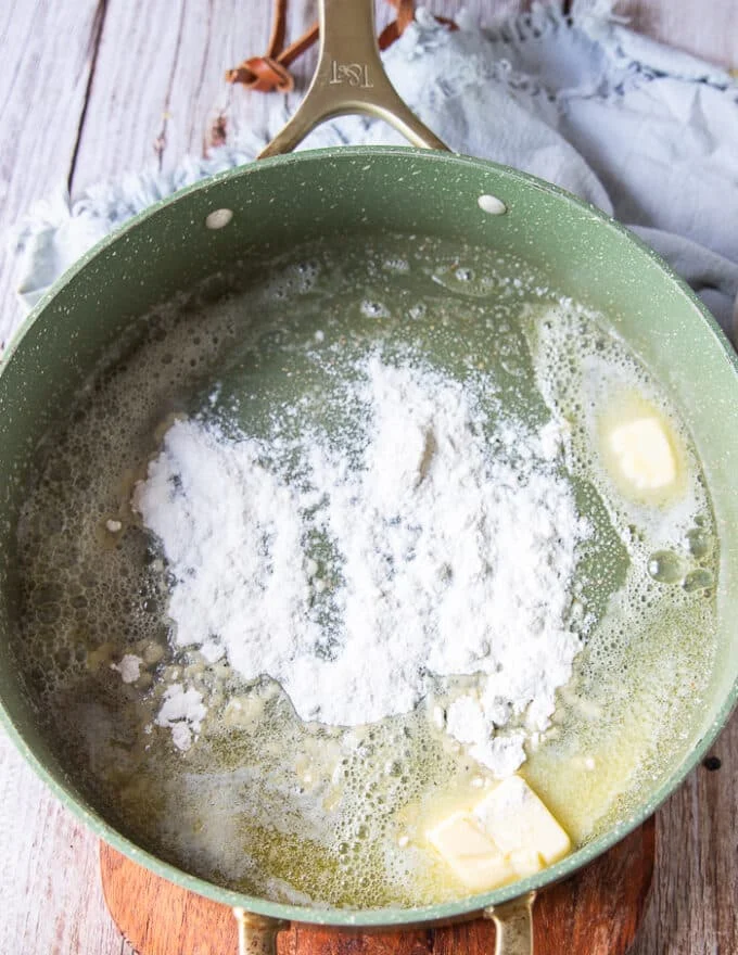 Flour added to the butter in a skillet to make béchamel