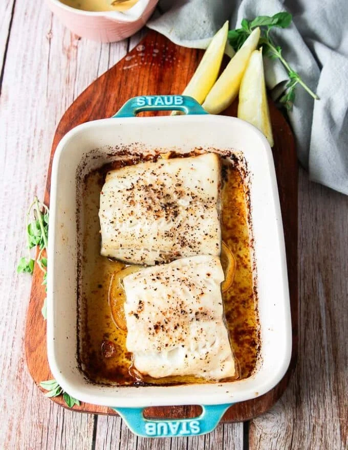Baked chilean sea bass out of the oven