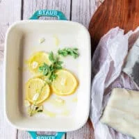 baking dish for baking chilean sea bass with lemon and herbs and garlic