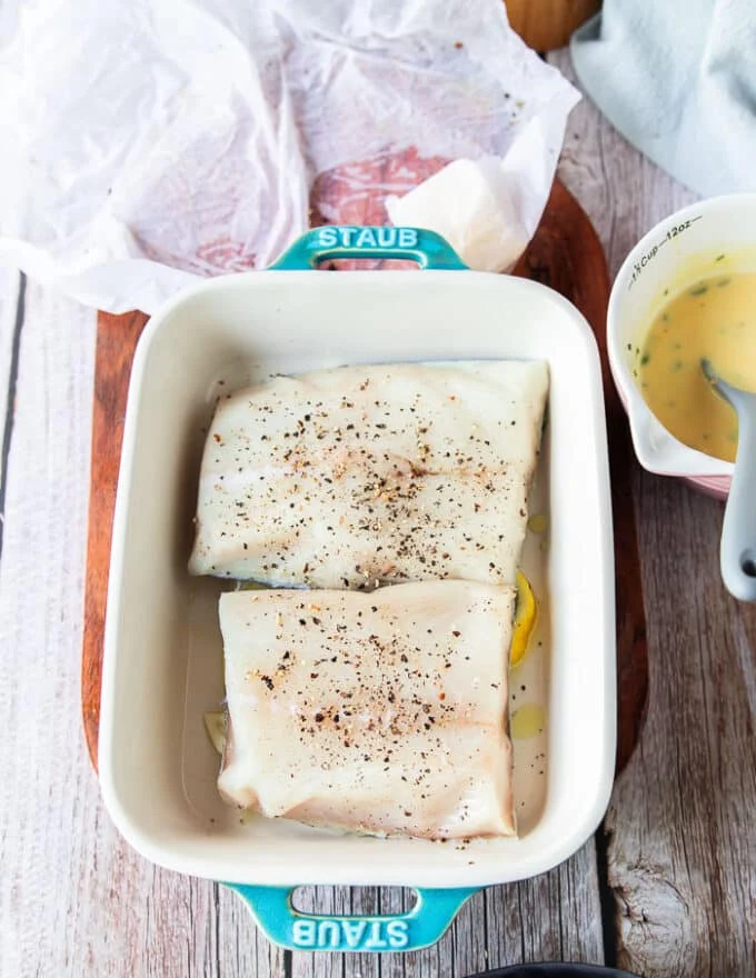 chilean sea bass on the baking dish