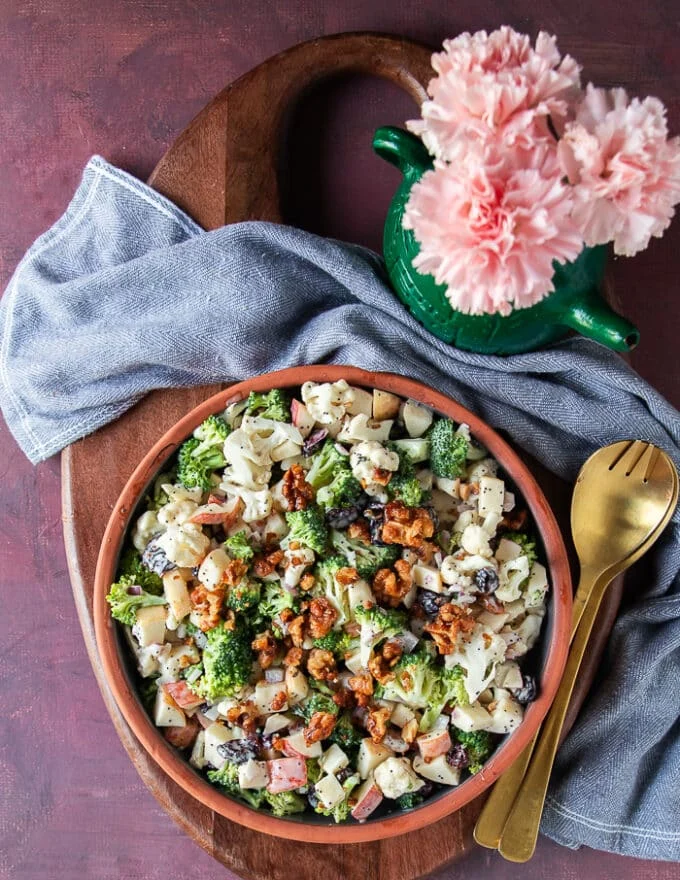 ready to eat broccoli and cauliflower salad with bits of bacon and perfect creamy dressing