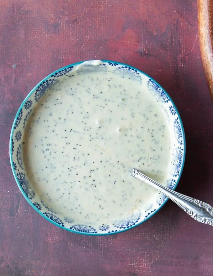 The creamy dressing is all mixed into one bowl
