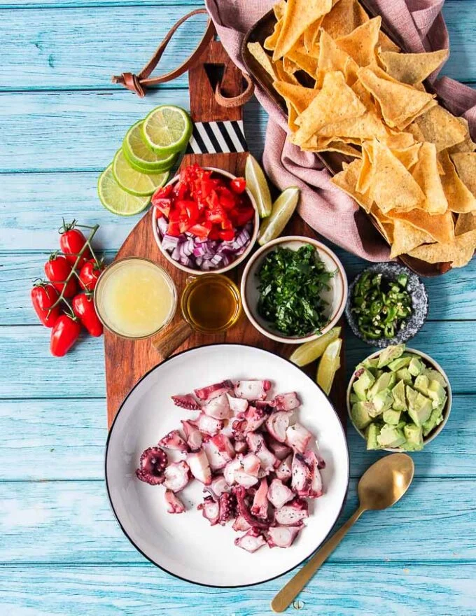 Ingredients To make octopus ceviche with cooked octopus, lime juice, chillies, cilantro, onions
