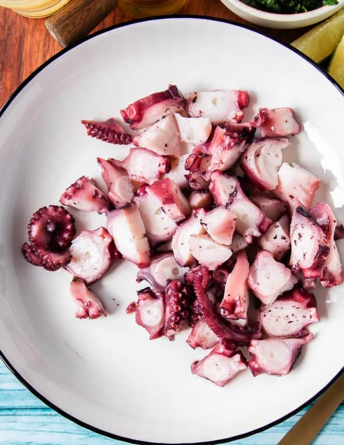 Perfectly cooked octopus on a plate