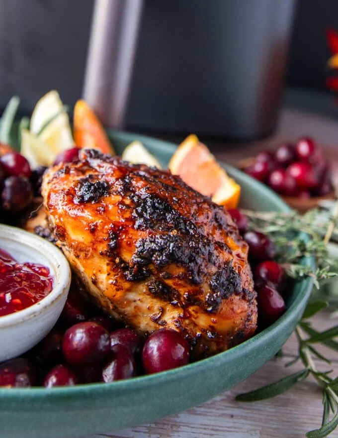 close up of turkey breast showing crispy skin