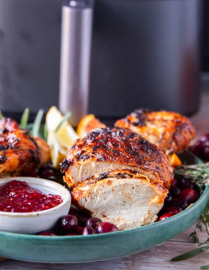 one slice of air fryer turkey breast so juicy