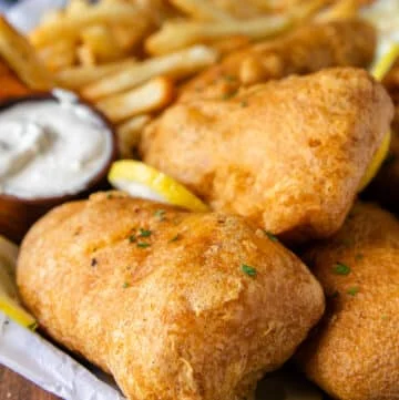 close up of a crispy fish and chips showing the crispy crust