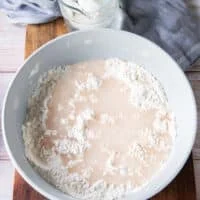 sparkling water added to the bowl of flour and cornstarch to make the batter
