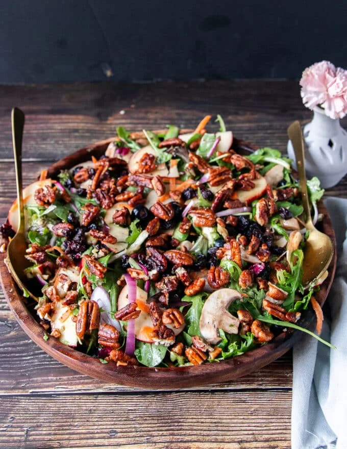 large apple salad with maple pecans and maple vinaigrettes