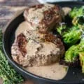 Steak cooked with a rich peppercorn steak sauce