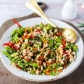 perfect snap pea salad all dressed up with crunchy nuts on top