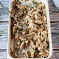 shredded chicken mixed with the flavoring herbs and sauce in a shallow plate