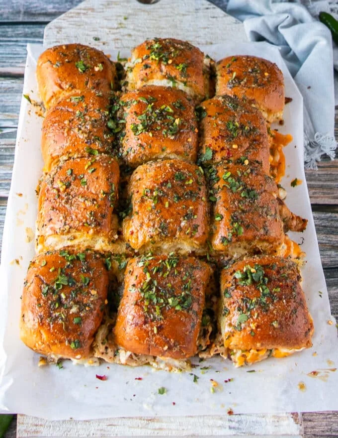 baked and golden chicken sliders right out of the oven