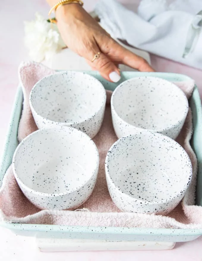 The water bath is set up to bake the brownie pudding