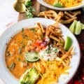 one bowl of perfect chicken taco soup close up topped with tortillas, avocado, sour cream, cilantro and cheese