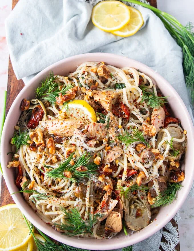 Finished plate of tuna pasta