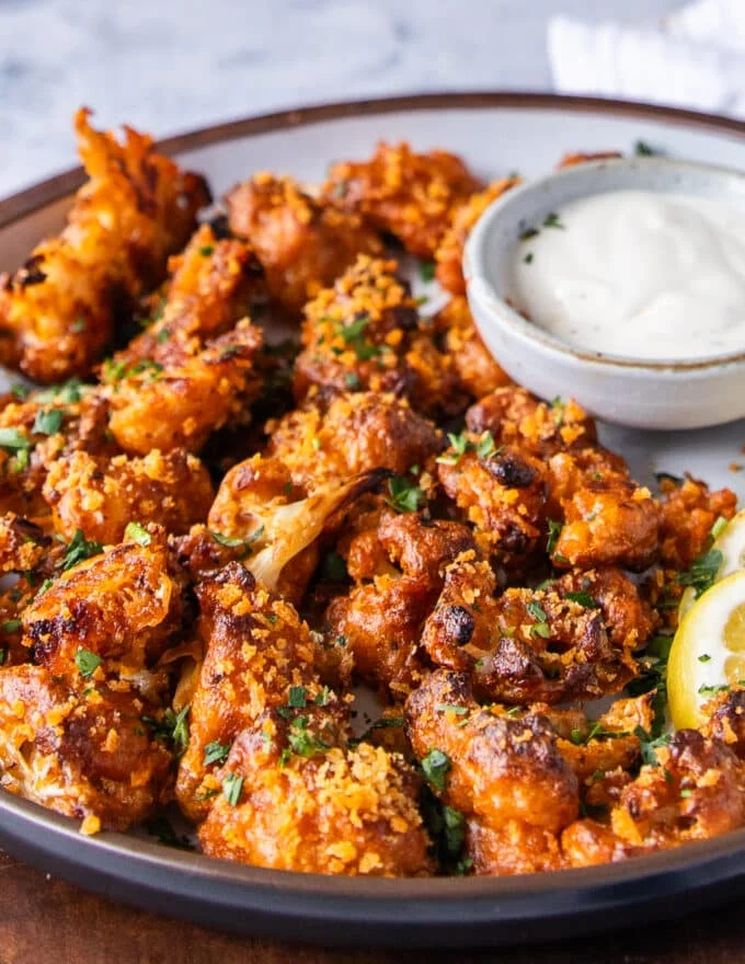 close up of a crispy buffalo cauliflower