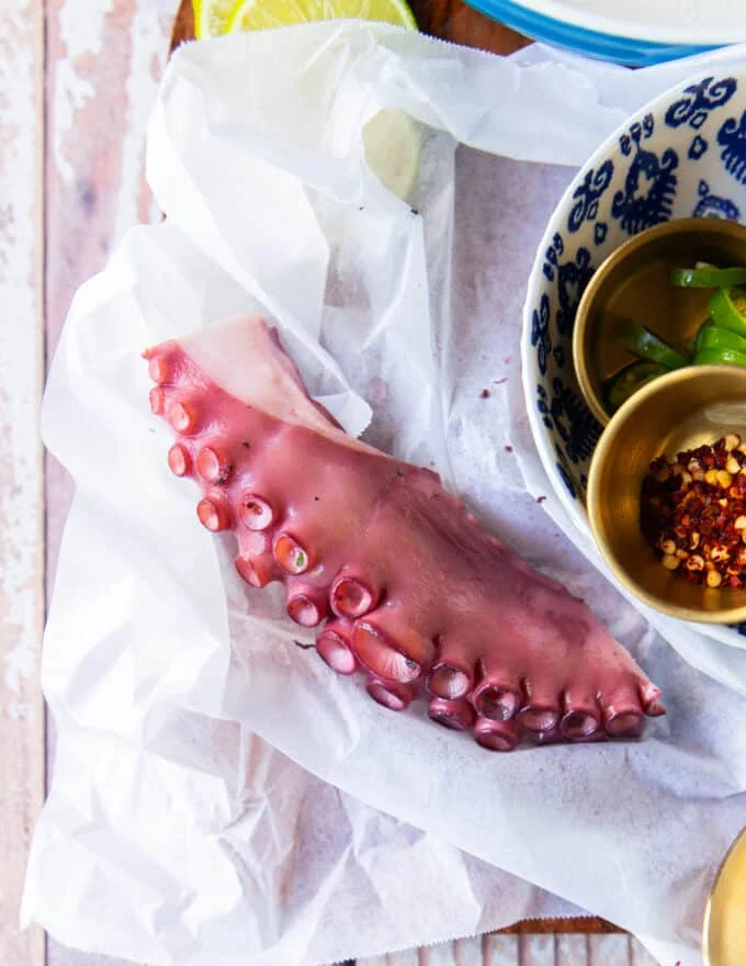 boiled octopus that's perfectly cooked and leaned and ready to fry
