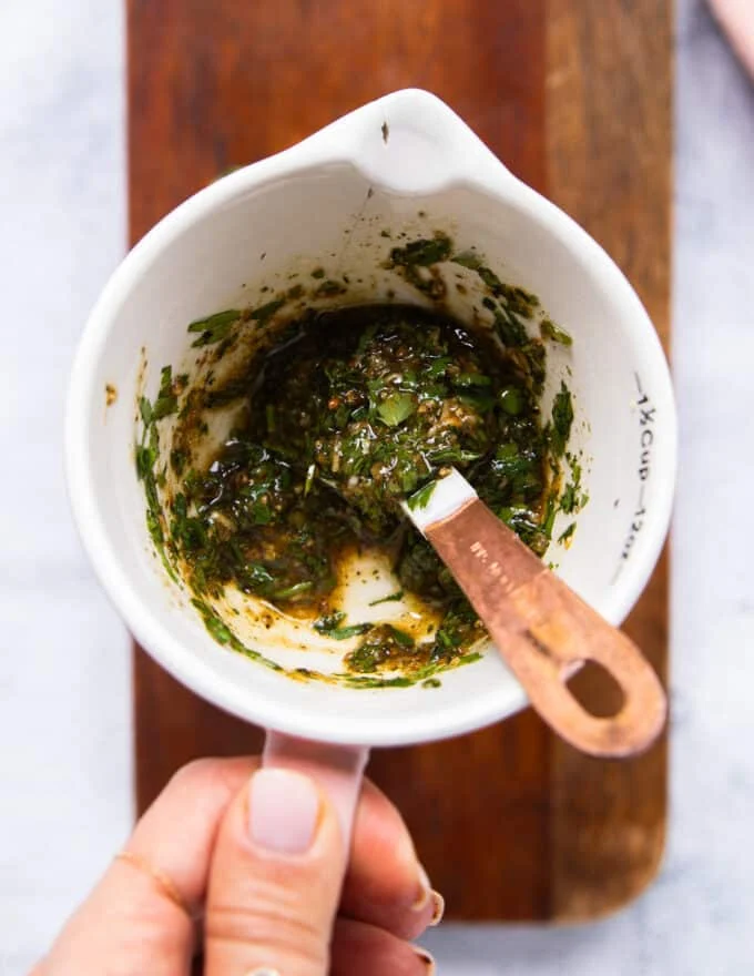 The marinade ingredients all mixed together in a small bowl