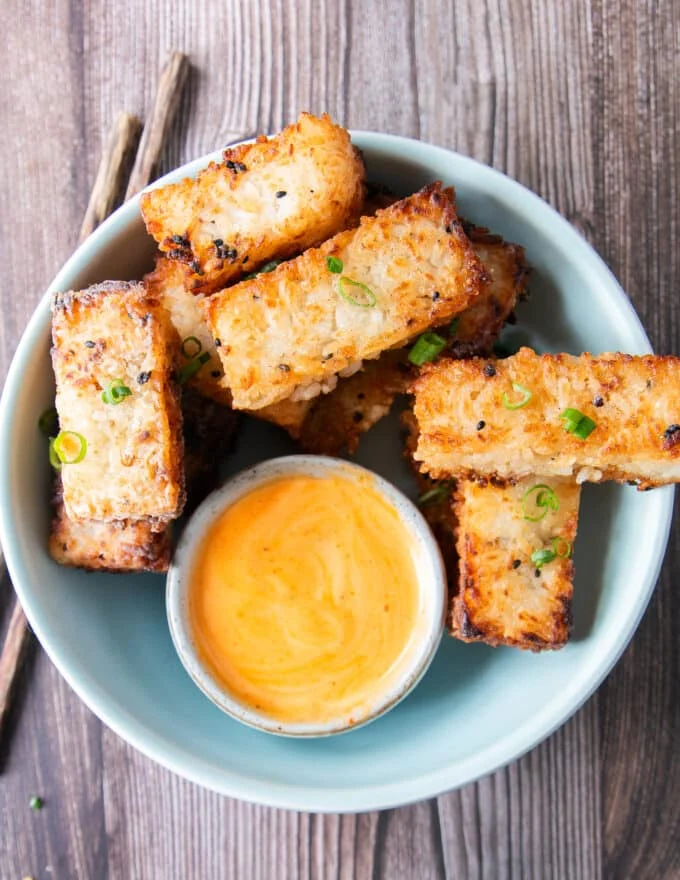 golden crispy rice with spicy mayo for dipping